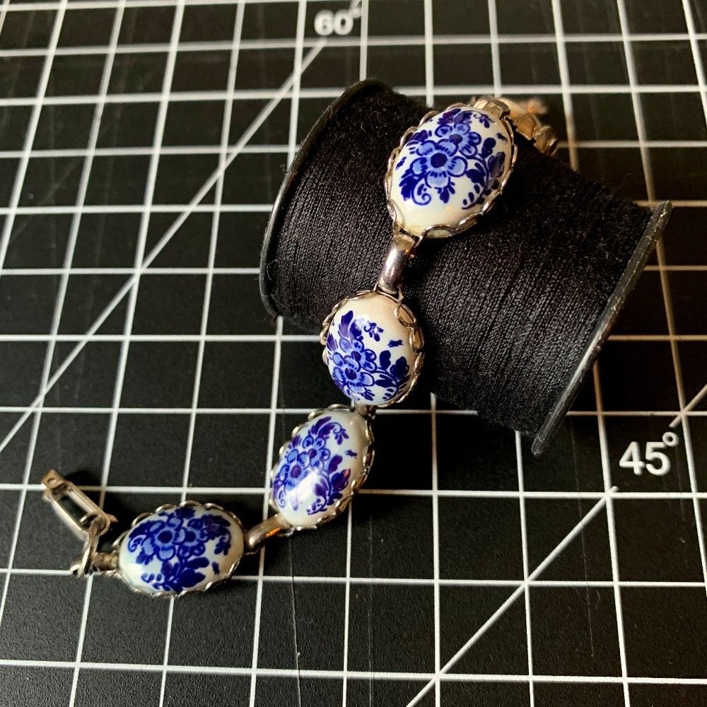 Vintage Delft Sterling Silver Bracelet 8.5” Holland Blue Porcelain